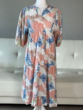 That’s It Floral Tiered Midi Prairie Dress in Pink, Blue & Green